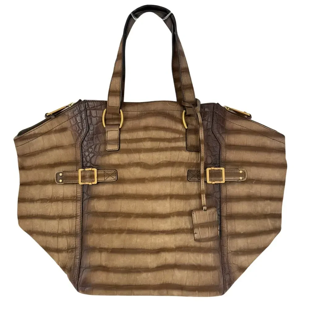 Yves Saint Laurent Vintage Croc Embossed Nubuck Downtown Bag Brown Designer
